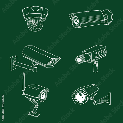 Set of CCTV Illustrations. Security Cameras. Video Surveillance Equipment.