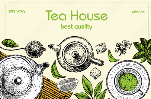 Tea Shop frame illustration. Vector card design with tea. Tea house poster. Vector hand drawn set. Sketch graphic