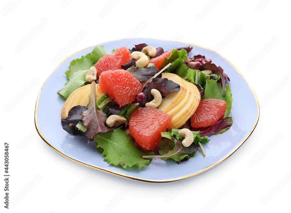 Plate with tasty grapefruit salad on white background Plate with tasty grapefruit salad on white background