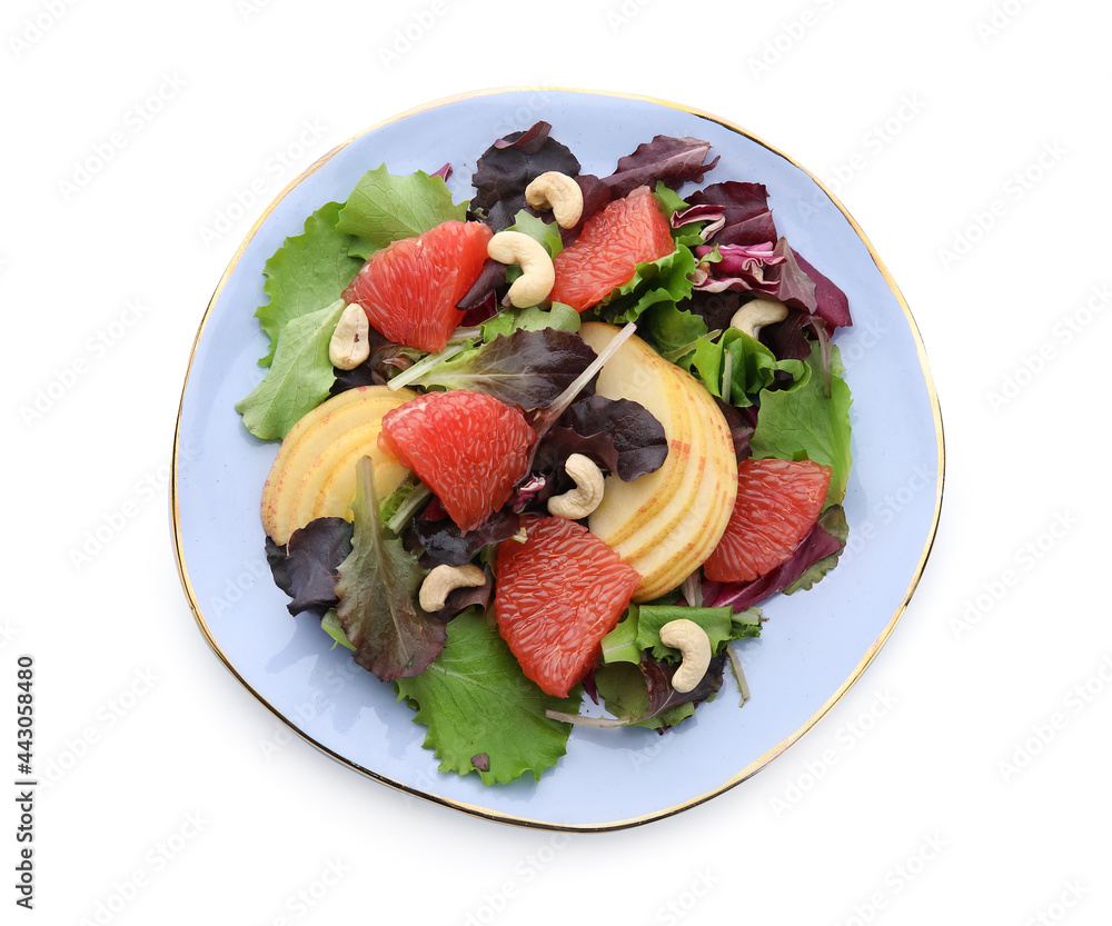 Plate with tasty grapefruit salad on white background Plate with tasty grapefruit salad on white background