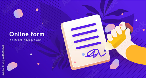 Vector banner for online form or agreement. Agreement with signature and hand with pen. Modern illustration with gradients and bright colours for web.