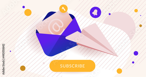 Newsletter subscription banner. Vector illustration for online marketing and business. Open envelope with letter and notification screen and paper plane. Template for mailing and newsletter.