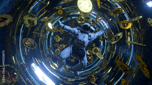 Falling astronaut in outer space surrounded by flying dogecoins. Cryptocurrency concept in space. Black hole. Interstellar. 3d illustration photo