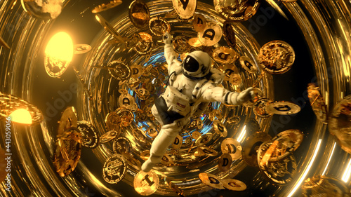 Falling astronaut in outer space surrounded by flying dogecoins. Cryptocurrency concept in space. Black hole. Interstellar. 3d illustration photo