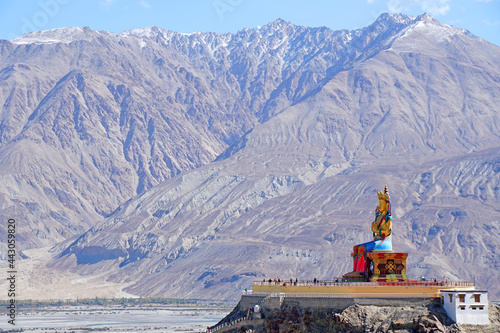 Aerial view of Landscape Ancient Diskit Monastery also known as Deskit Gompa or Diskit Gompa is the oldest and largest Buddhist monastery in the Nubra Valley of Ladakh, India photo