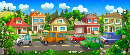 A motorway with cars runs along the cottage village. Cars, a van and a bus ride on the track . photo