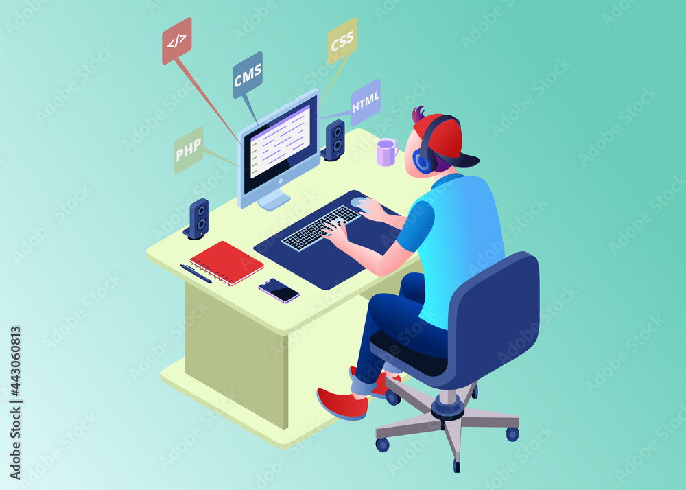 Isometric Vector Illustration Representing A Man Sitting in Front of Desk, Work on Website Programming Isometric Vector Illustration Representing A Man Sitting in Front of Desk, Work on Website Programming