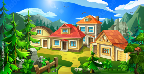 A cottage village with colorful houses in a mountainous area. A small town among mountains and coniferous forests.