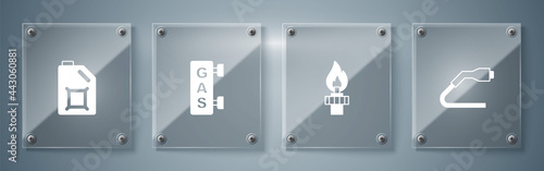 Set Electrical cable plug charging, Oil rig with fire, Gas filling station and Canister for motor oil. Square glass panels. Vector