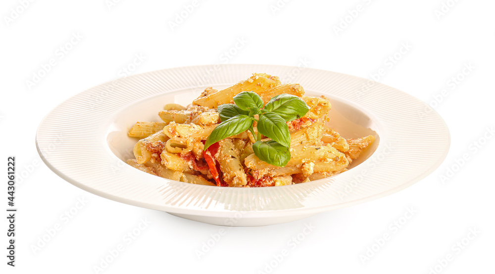 Plate with healthy pasta on white background