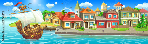 An old port town with colorful houses and a stone pier. A sailing wooden ship stands in the harbor bay.