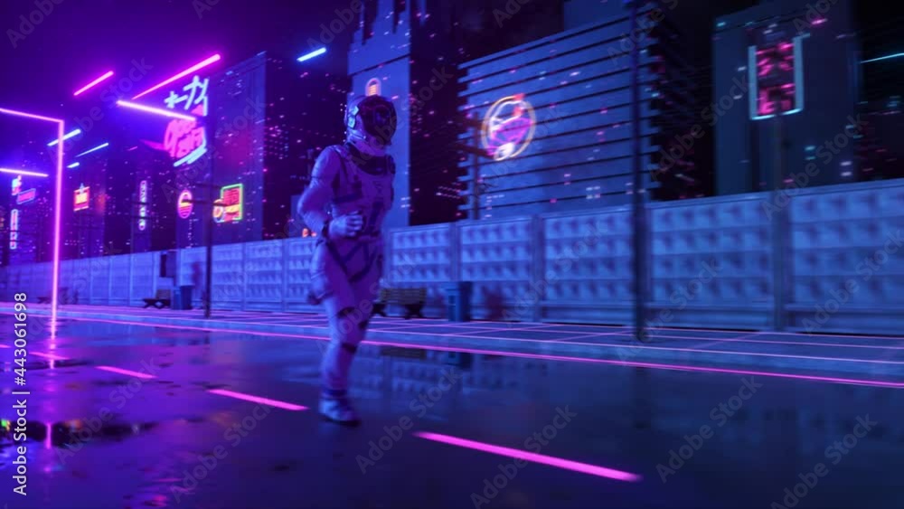 Astronaut running in neon city in cyberpunk style. Retro wave 80s background. Retro style. Futuristic concept. 3d animation of seamless loop