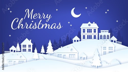 Paper cut christmas town. Winter village night landscape with houses, snow and xmas tree. Merry holidays city craft silhouette vector scene