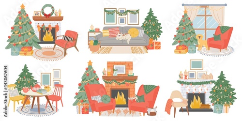 Christmas interiors. New year decorated room with pine tree, fireplace, cozy chairs, cat and dog. Home winter holiday atmosphere vector set
