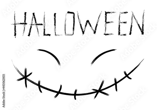 funny face and inscription. drawing with caligraphic brushes. black linear art on a white background. greeting card for Halloween. vector illustration.