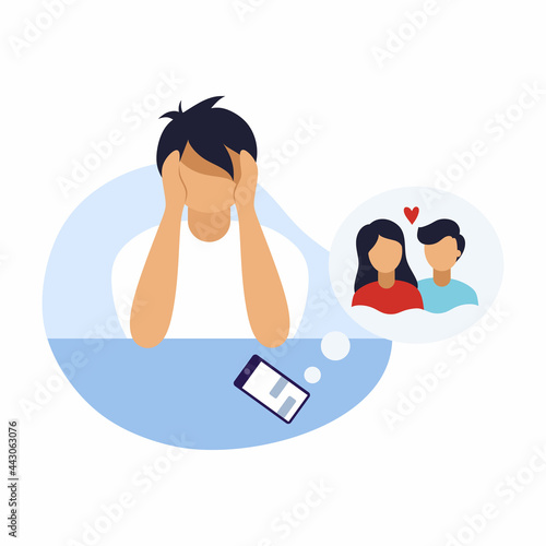 Sad man holds his head. Jealousy and infidelity. Parting with loved one.