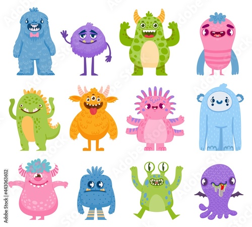 Funny monsters. Cartoon cute and scary creatures with horns and teeth. Halloween monster and alien characters. Friendly monsters vector set