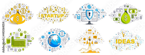 Different business money and finance concepts vector illustrations set, trendy design drawings commercial theme collection, a lot of icons and symbols included, elements can be used separately.