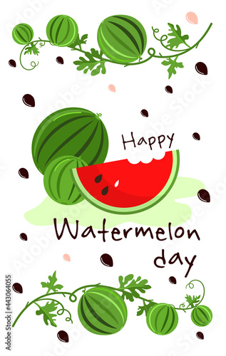 Fototapeta Naklejka Na Ścianę i Meble -  Happy Watermelon Day. Two whole watermelons and one slice. Border of watermelons and leaves. Vertical format. Suitable for banners, postcards, posters, the Internet.  Vector, isolated.