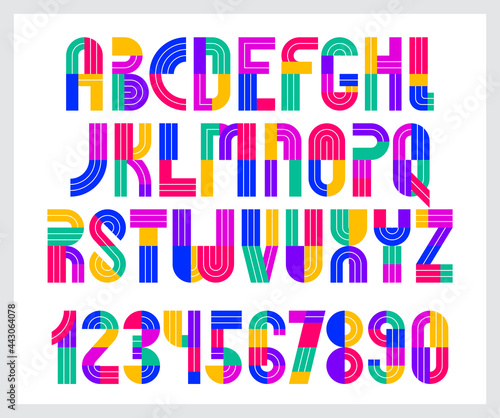 Children colorful geometric font vector alphabet  kid play game typeset  original letters can be used for logo creation  uppercase and numbers.