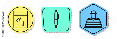 Set line Evidence bag and bullet, Pen and Prisoner. Colored shapes. Vector