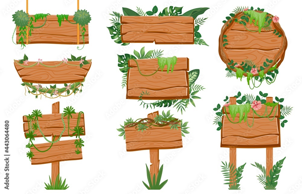 Jungle wooden signboards. Wood board with tropic leaves, moss and liana plants for game ui. Cartoon rainforest road signs on rope vector set - obrazy, fototapety, plakaty 