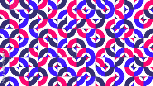 Geometric abstract seamless pattern with colorful simple elements of geometry, wallpaper background in retro 70s style, Bauhaus constructive style tiles.