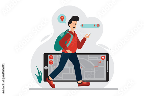 Flat illustration of man walking on street using modern technology GPS navigation. enabling him to go anywhere in the world.