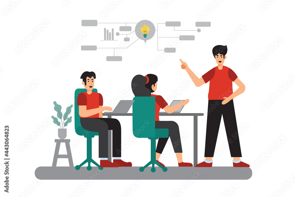 Flat illustration of young employees in a company brainstorming new ideas for work The work that depends on each other will make the company successful. Flat illustration of young employees in a company brainstorming new ideas for work The work that depends on each other will make the company successful.