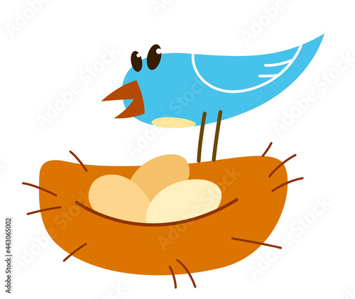 Little cute bird nesting funny cartoon flat vector illustration isolated on white, family and kids concept.