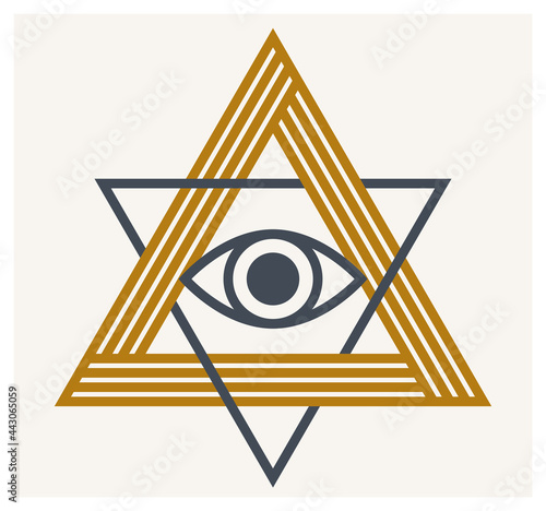 All seeing eye in triangle pyramid vector ancient symbol in modern linear style isolated on white, eye of god, masonic sign, secret knowledge illuminati.