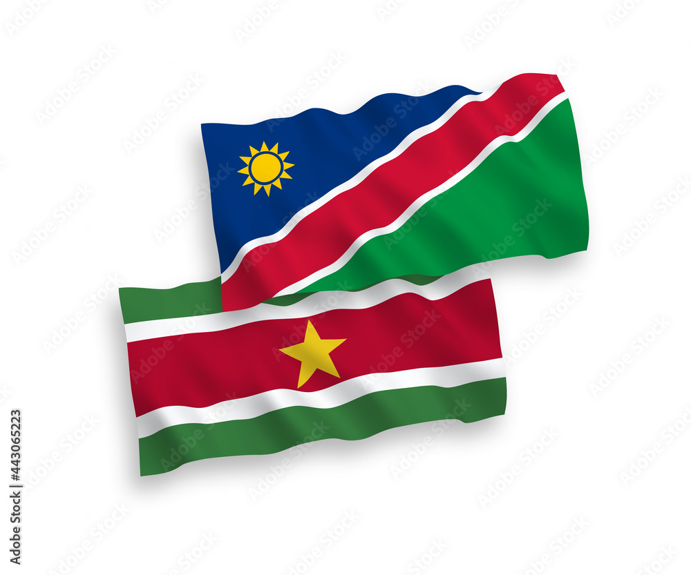 Flags of Republic of Suriname and Republic of Namibia on a white background Flags of Republic of Suriname and Republic of Namibia on a white background