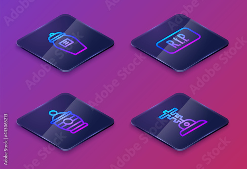 Set Isometric line Funeral urn, , Speech bubble rip death and Grave with cross. Blue square button. Vector