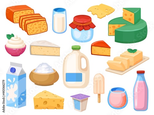 Milk products. Milky drinks in glass, box and galon, yogurt, whipped and sour cream, cheese types and butter. Farm fresh dairy vector set