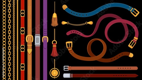 Chain belts. Brushes golden chains and leather belt with metal buckle. Jewelry pendant, fringe, strap and braids. Fashion element vector set