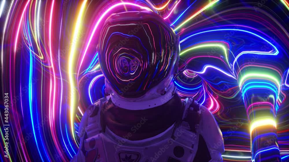 Astronaut in the fourth dimension. Neon surroundings and bright stripes. Interstellar. Sci-fi 3d animation