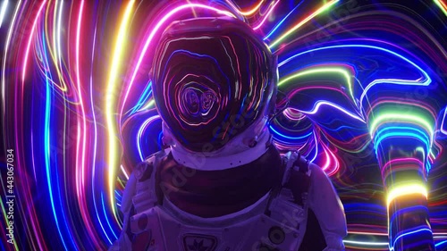 Astronaut in the fourth dimension. Neon surroundings and bright stripes. Interstellar. Sci-fi 3d animation