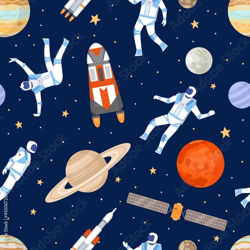 Fototapeta Naklejka Na Ścianę i Meble -  Outer space seamless pattern. Print with dancing astronaut, spaceships, satellite, stars and planets. Cosmic adventure flat vector texture