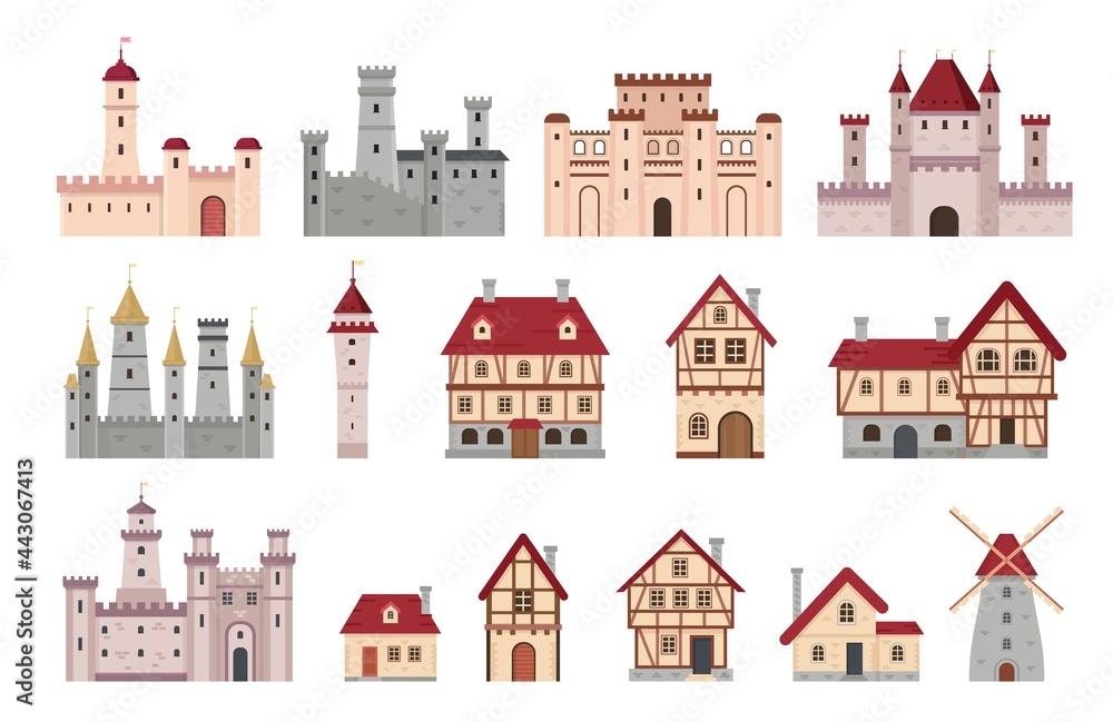 Medieval buildings. Ancient european town and village house, cottage and windmill. Cartoon tower, castle and palace. Architecture vector set - obrazy, fototapety, plakaty 