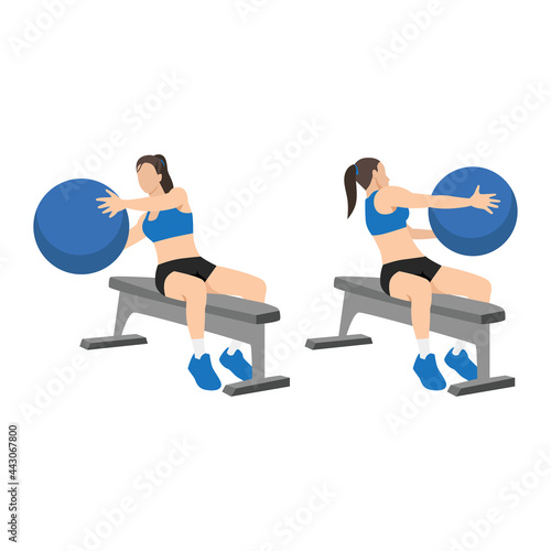Woman doing Bench Swiss. exercise ball Russian twists exercise. Flat vector illustration isolated on white background