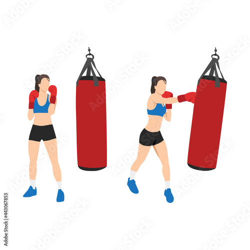 Woman doing Boxing with a punching bag exercise. Flat vector illustration isolated on white background