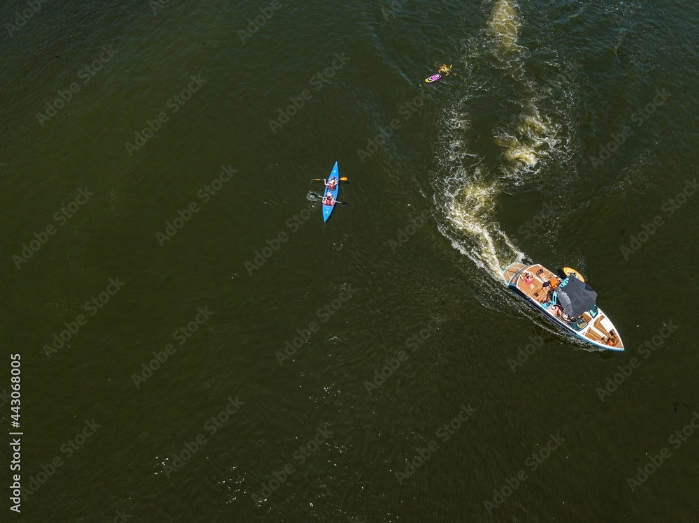 Fototapeta premium Kayak on the river in summer. Aerial drone view.