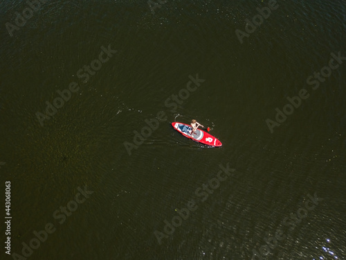 Kayak on the river in summer. Aerial drone view. © Sergey