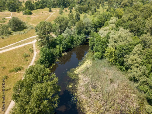 River among green trees in summer. Aerial drone view.