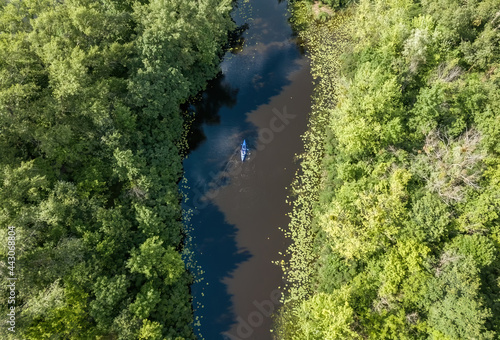 Kayak on a narrow river with green banks in summer. Aerial drone view. © Sergey