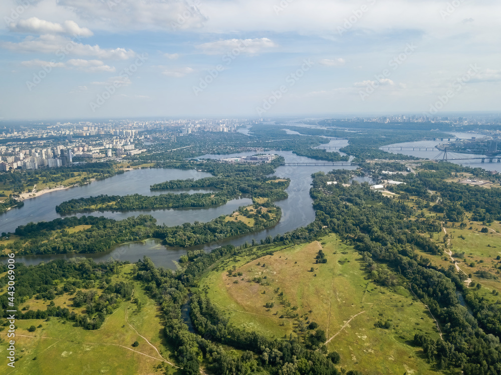 Fototapeta premium Dnieper river in Kiev in summer. Aerial drone view.