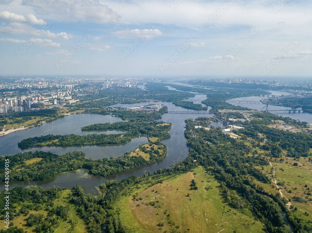 Dnieper river in Kiev in summer. Aerial drone view.