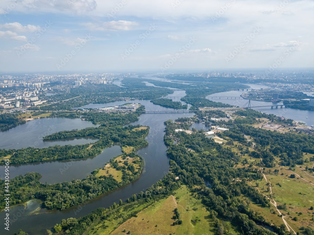 Dnieper river in Kiev in summer. Aerial drone view.