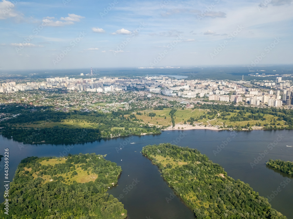 Fototapeta premium Dnieper river in Kiev in summer. Aerial drone view.
