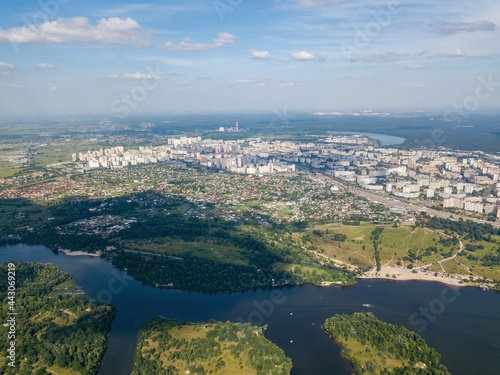 Fototapeta Naklejka Na Ścianę i Meble -  Dnieper river in Kiev in summer. Aerial drone view.